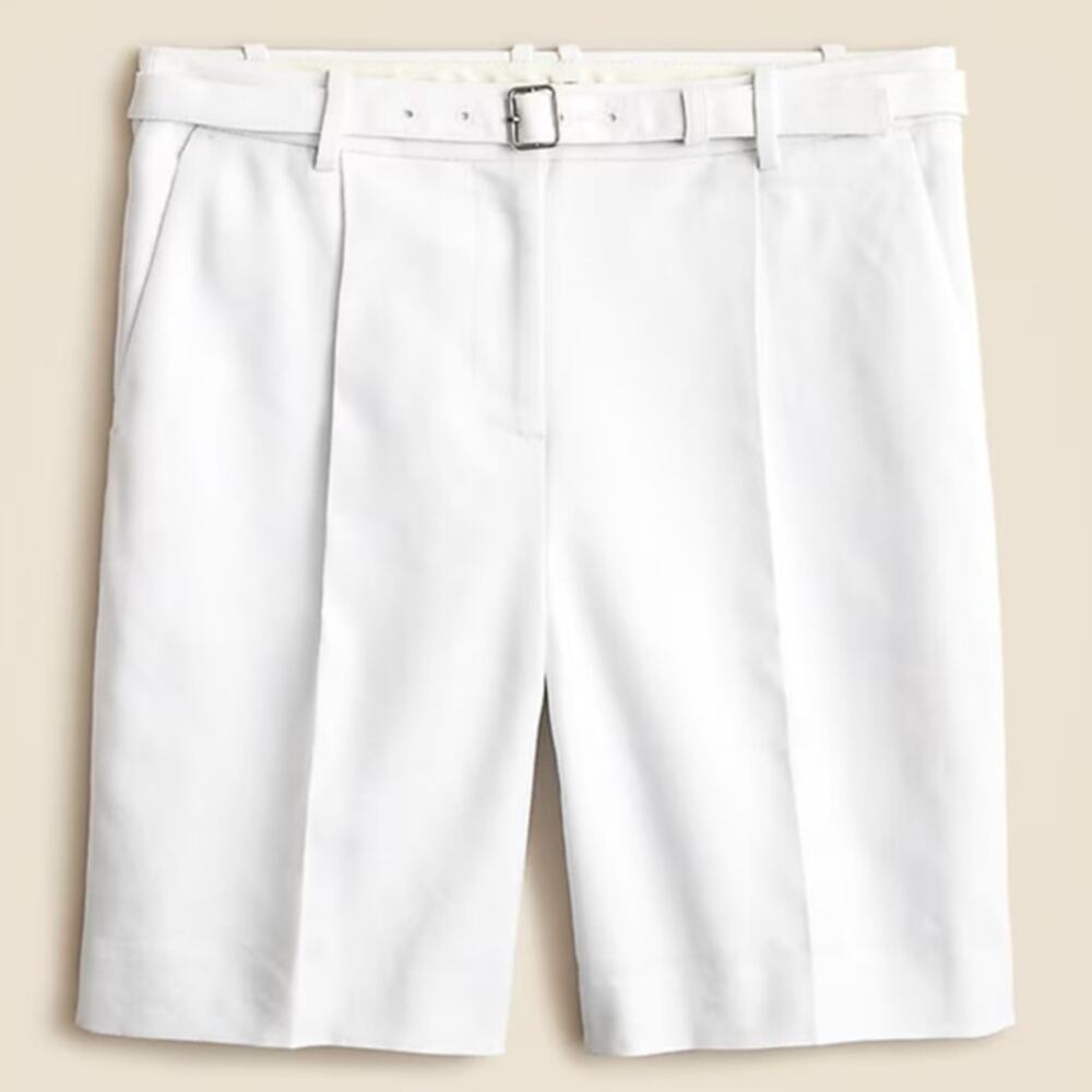 J.Crew Pleated 9" Trouser Short WMNS 2 White Stretch Linen Blend Removable Belt